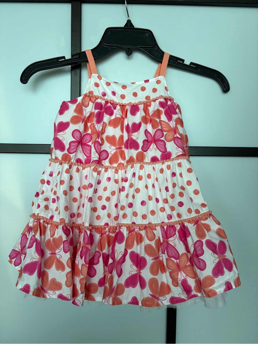 KIDS Little Me 24M Butterfly Polka Dot Tiered Pink Orange Cotton Dress Tulle Hem - Picture 2 of 8